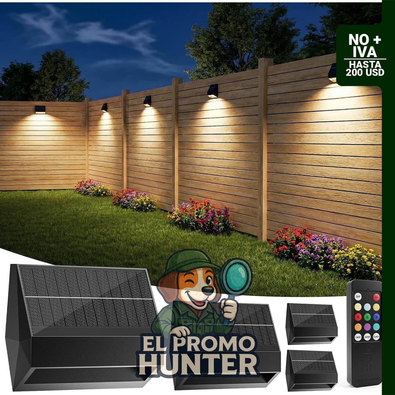 Paquete de 4 luces solares para vallas, 100 lúmenes, control remoto, 9 colores y 3 modos, impermeables IP65.