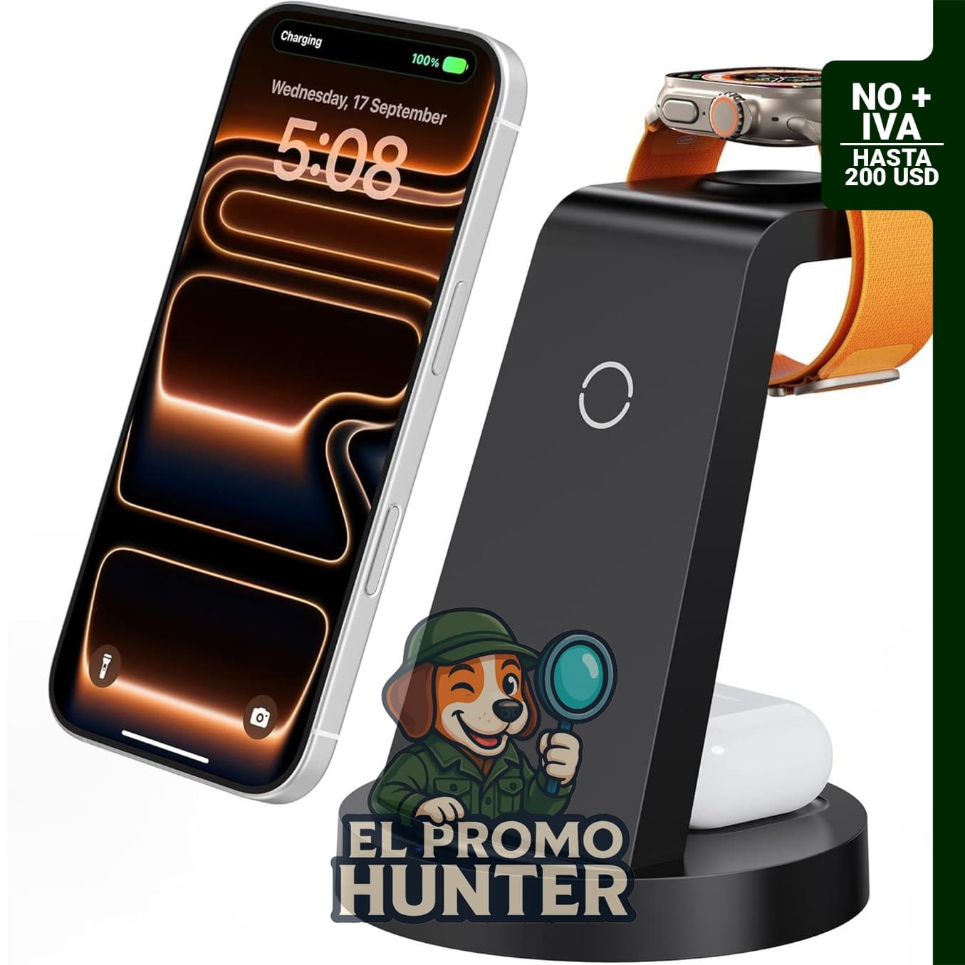 Estación de carga 3 en 1 para iPhone, incluye cargador inalámbrico para Apple Watch y AirPods.