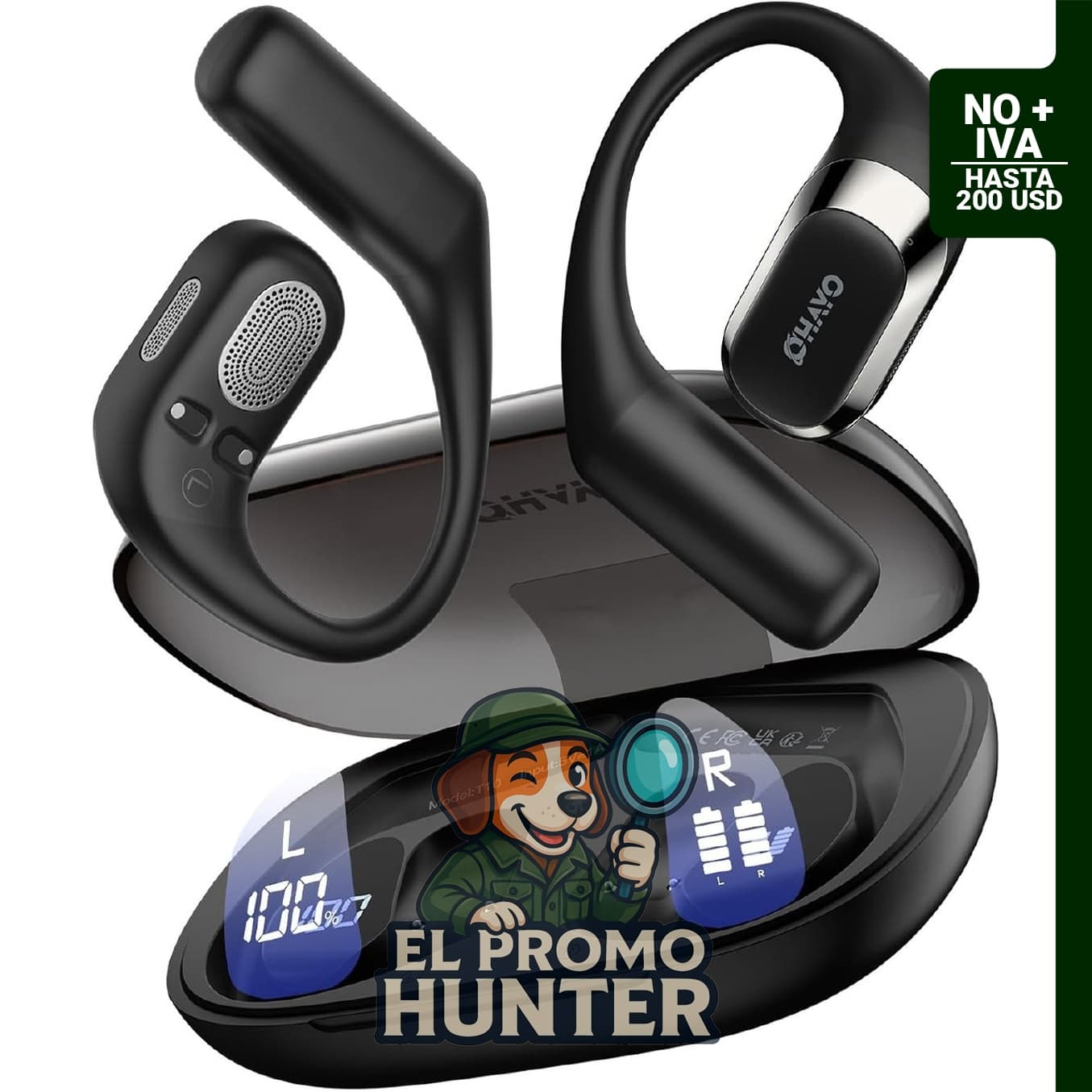 Auriculares Bluetooth 5.4 con gancho ergonómico y pantalla digital, 40 horas de reproducción, IPX6 resistente al agua.