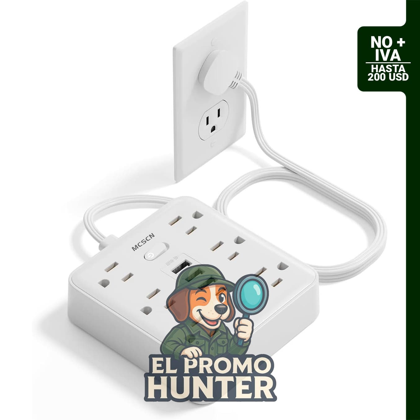 Regleta de protección contra sobretensiones con 6 tomas y 4 puertos USB (3 USB-A y 1 USB-C), cable de 1.52 m.