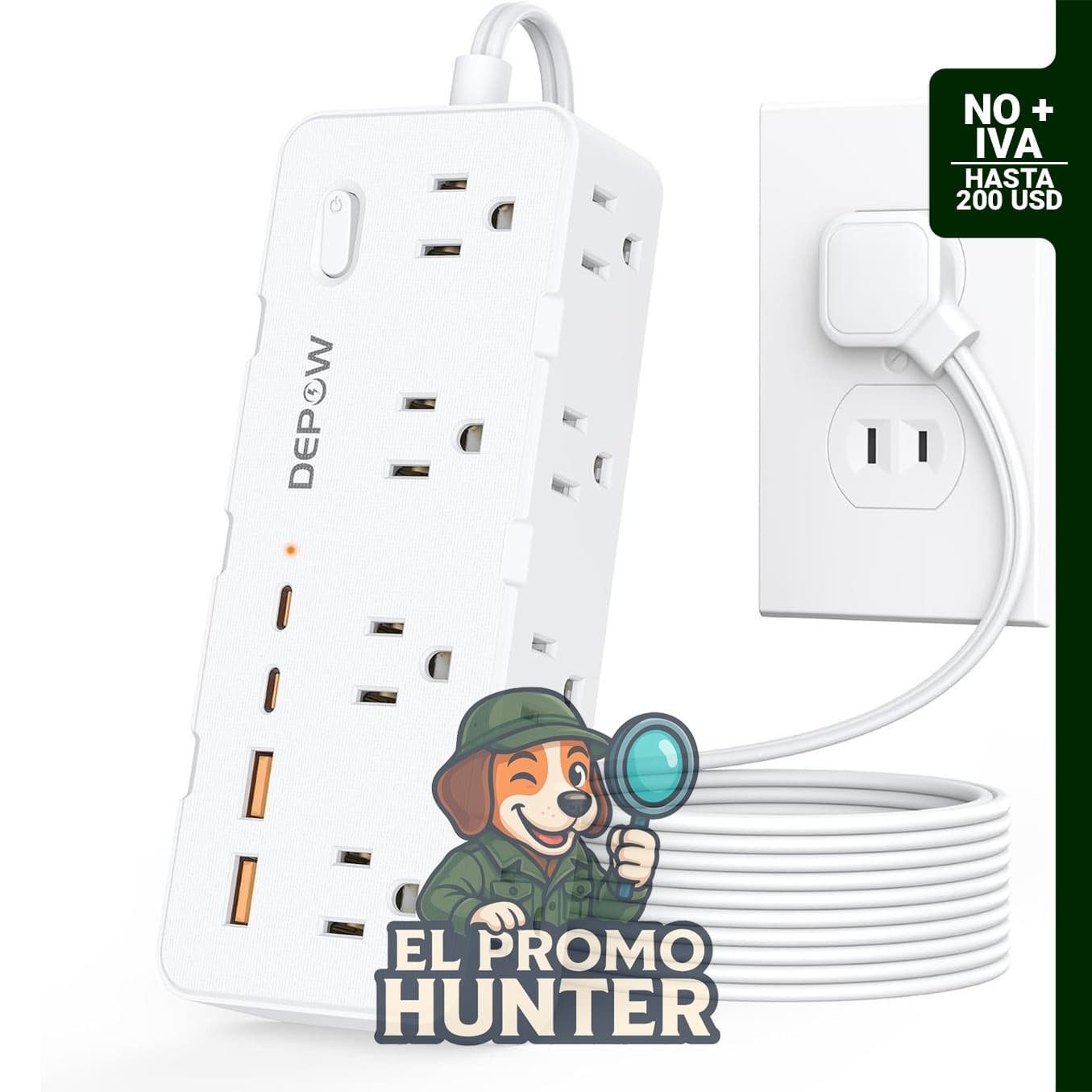 Regleta de alimentación de 2 clavijas con 8 puertos de CA y 4 puertos USB (2 USB C), cable de 1.5 m, protector de sobretensiones de 1700J.