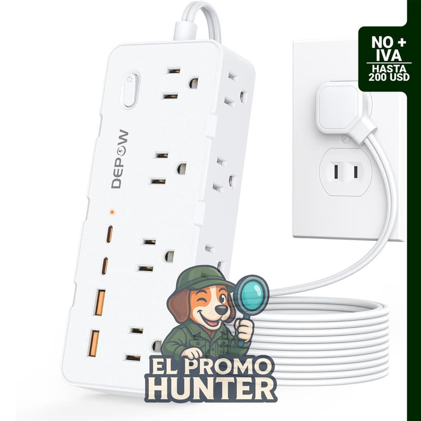 Regleta de alimentación de 2 clavijas con 8 puertos de CA y 4 puertos USB (2 USB C), cable de 1.5 m, protector de sobretensiones de 1700J.