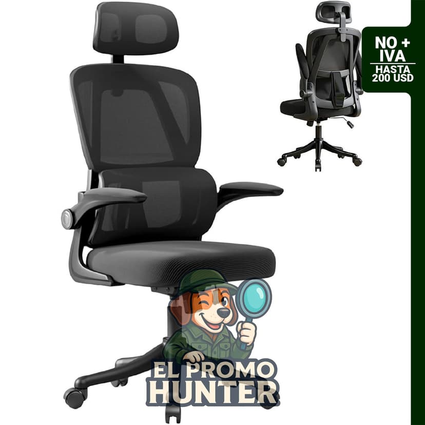 Silla de oficina ergonómica VIDITA con soporte lumbar dinámico y reposacabezas ajustable, respaldo alto y brazos abatibles.