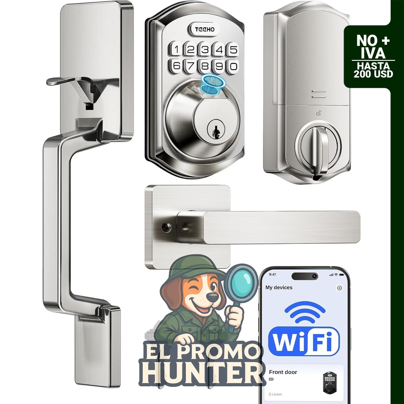 Cerradura de puerta WiFi con huella dactilar TEEHO TE012W-H, níquel satinado.