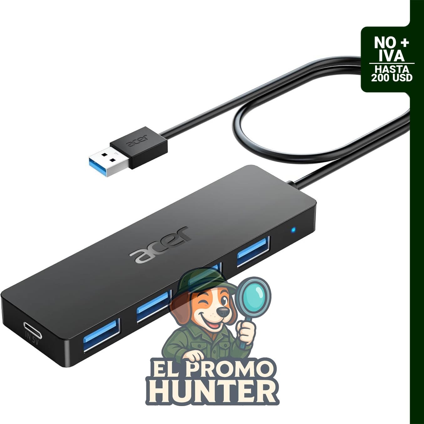 Hub USB de 4 puertos, divisor USB 3.0 con puerto de alimentación USB C, compatible con PC y laptop.