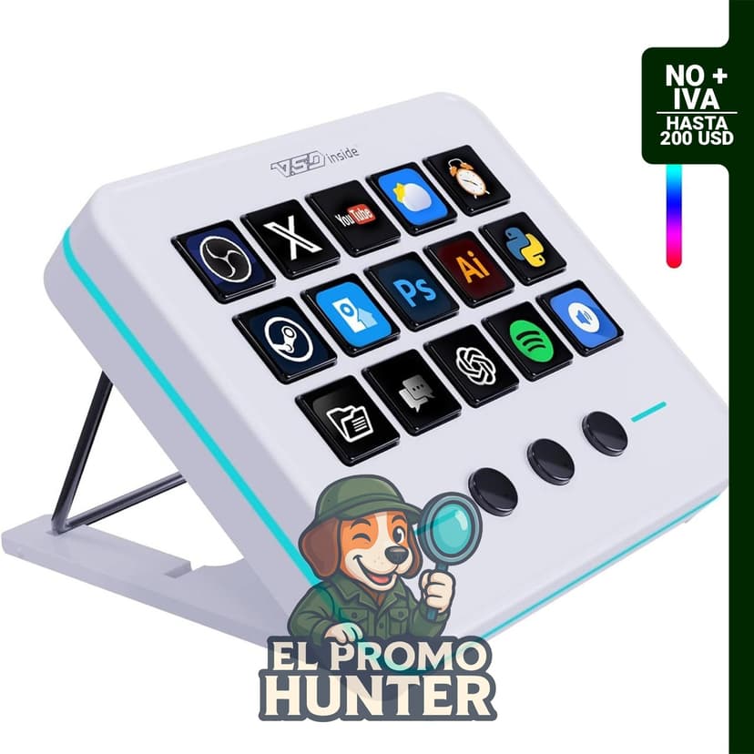 Teclado macro con 18 teclas programables y panel visual personalizable, compatible con USB.