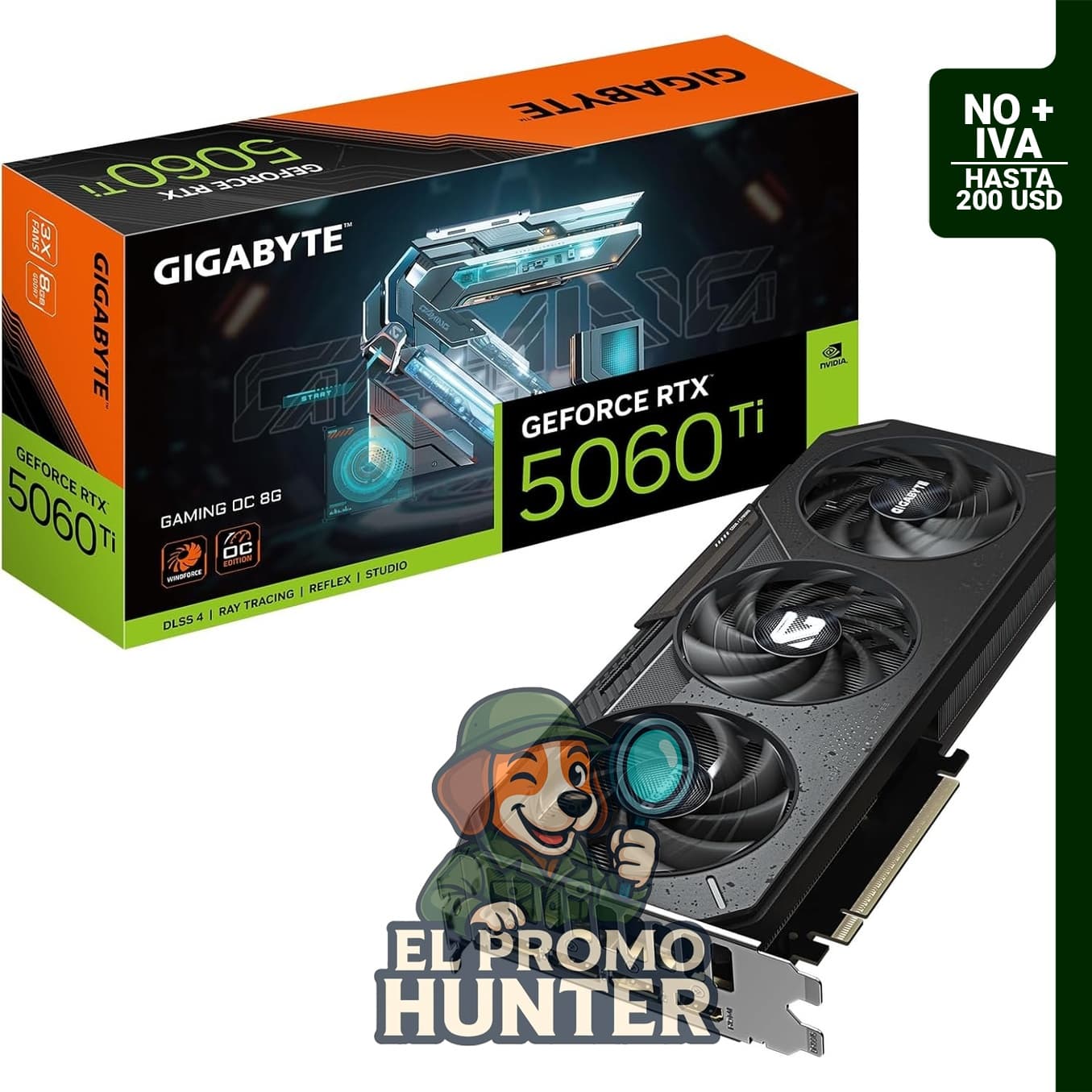 Tarjeta gráfica GIGABYTE GeForce RTX 5060 Ti Gaming OC 8G, 8GB GDDR7, PCIe 5.0, sistema de enfriamiento WINDFORCE.