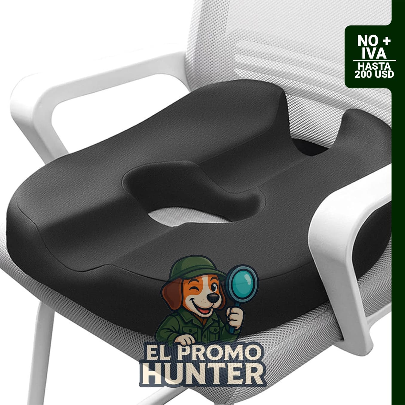 Cojín de asiento ortopédico en forma de rosquilla para aliviar presión en el cóccix y áreas pélvicas.