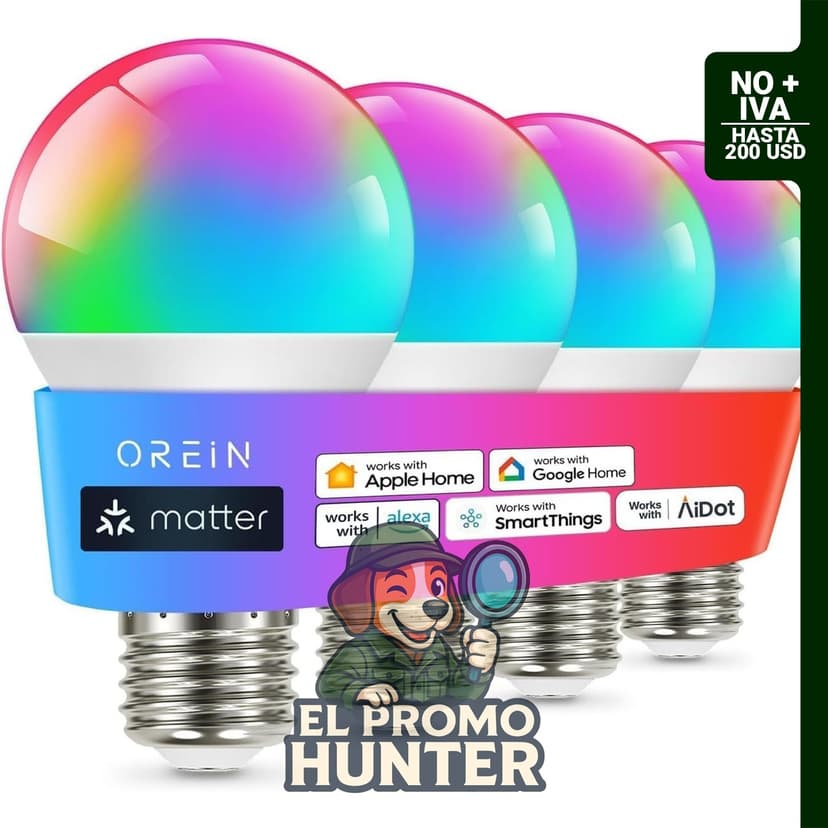 Bombilla inteligente OREiN Matter A19, compatible con Apple Home, Alexa, Google Home y SmartThings, 800 lúmenes.