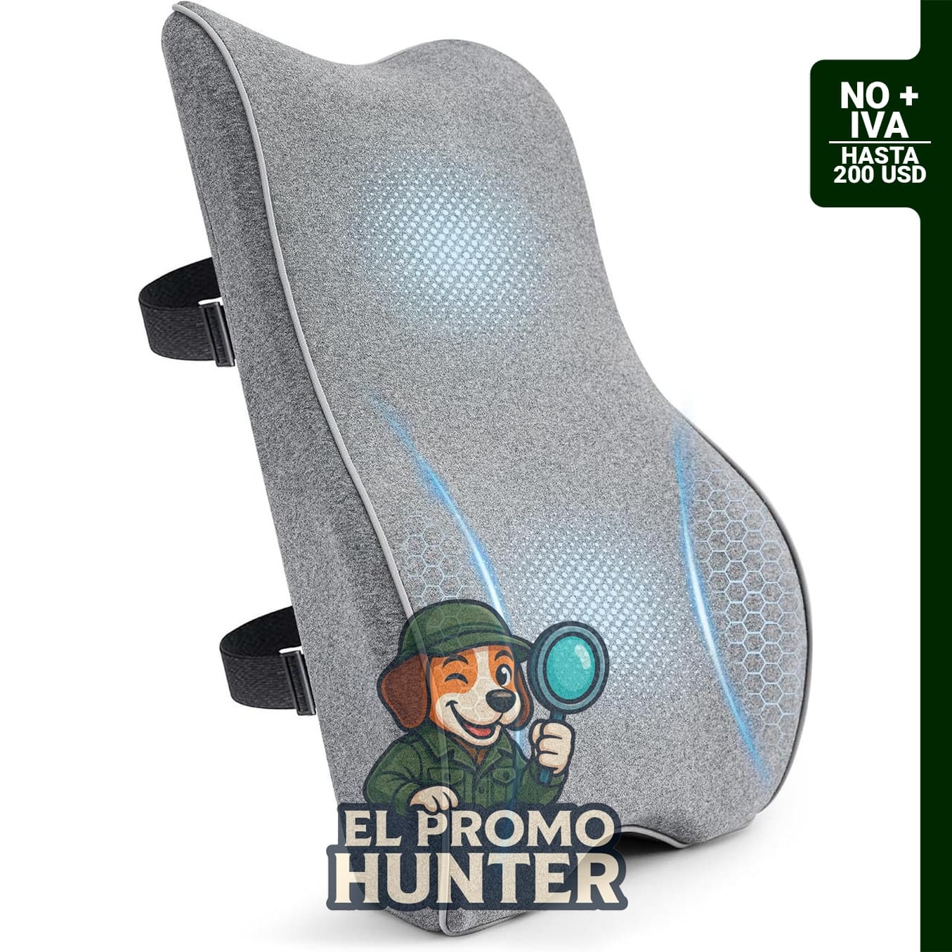 Almohada lumbar de espuma viscoelástica con tiras ajustables, diseñada para sillas de oficina y automóviles.