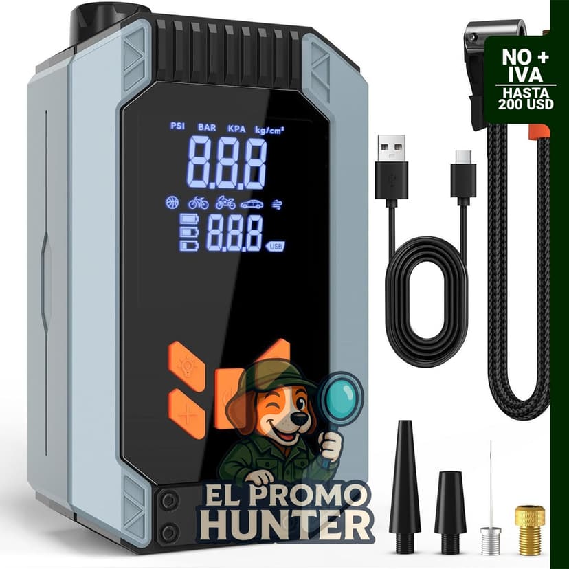 Compresor de aire portátil de 12 V, 150 PSI, con medidor digital y luz LED de emergencia.