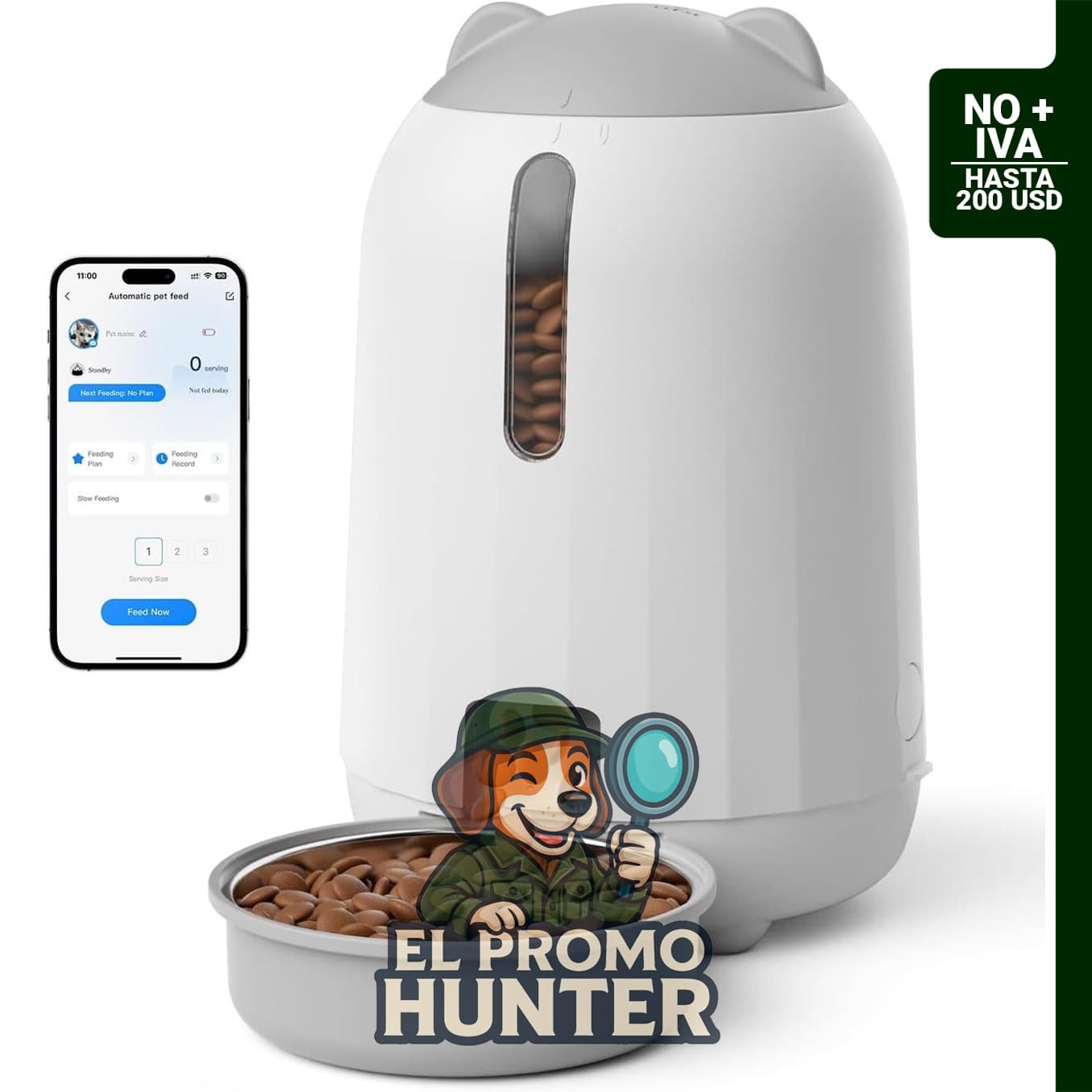 Comedero automático para gatos con capacidad de 3 L, control a través de aplicación y conexión WiFi 2.4G.