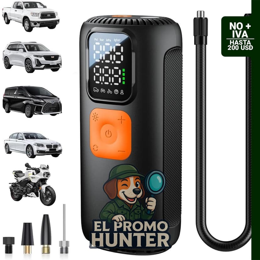Compresor de aire portátil Elccyu, inflado rápido hasta 160 PSI, motor de 22 cilindros, inalámbrico con medidor digital.