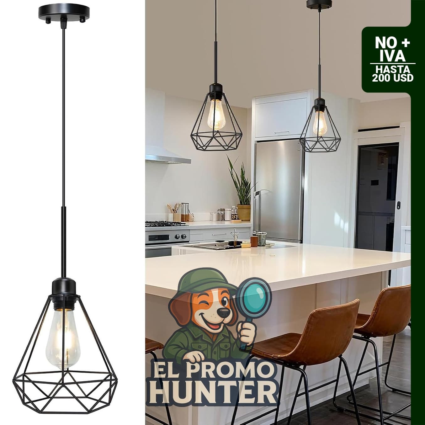 Lámpara colgante ajustable de metal negro con pantalla de diamante, ideal para iluminación de cocina y comedor.