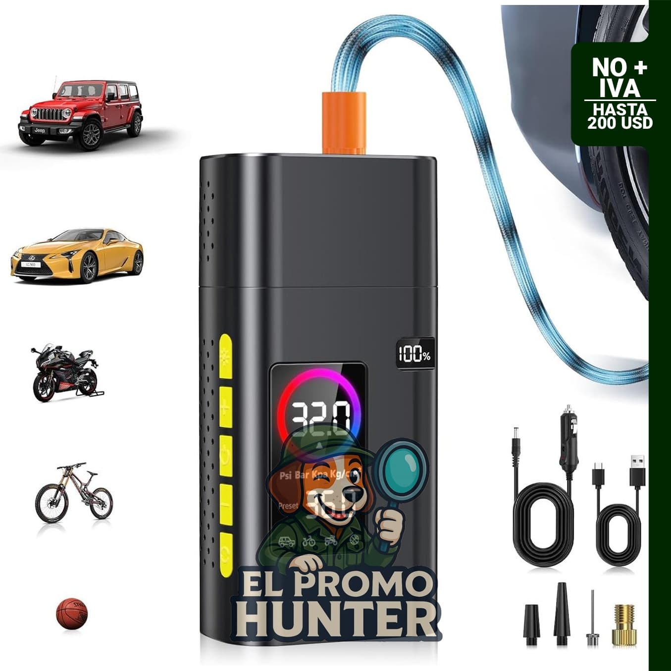 Inflador de neumáticos portátil de 180 psi, 26000 mAh, con medidor digital y luz LED.