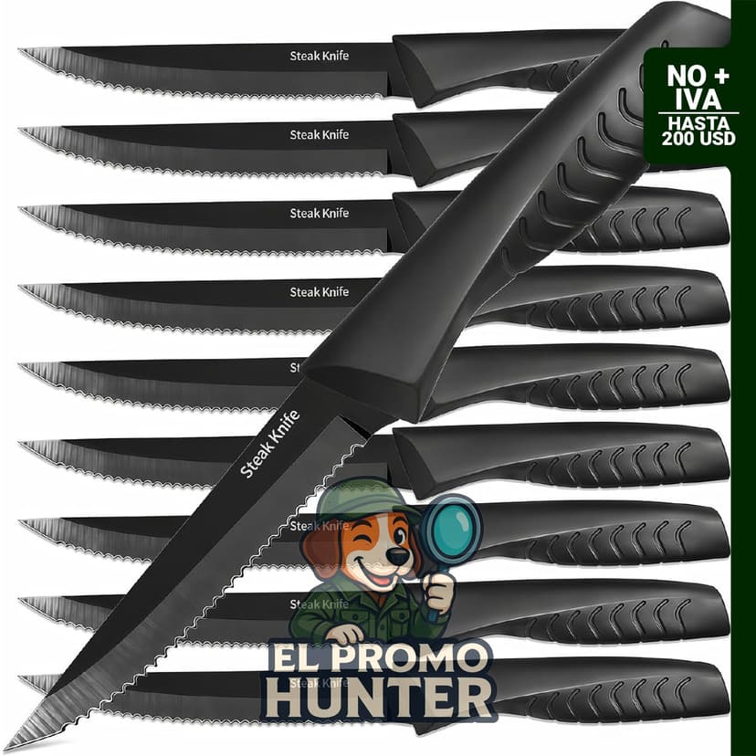 Juego de 10 cuchillos para carne de acero inoxidable de alto carbono, aptos para lavavajillas.