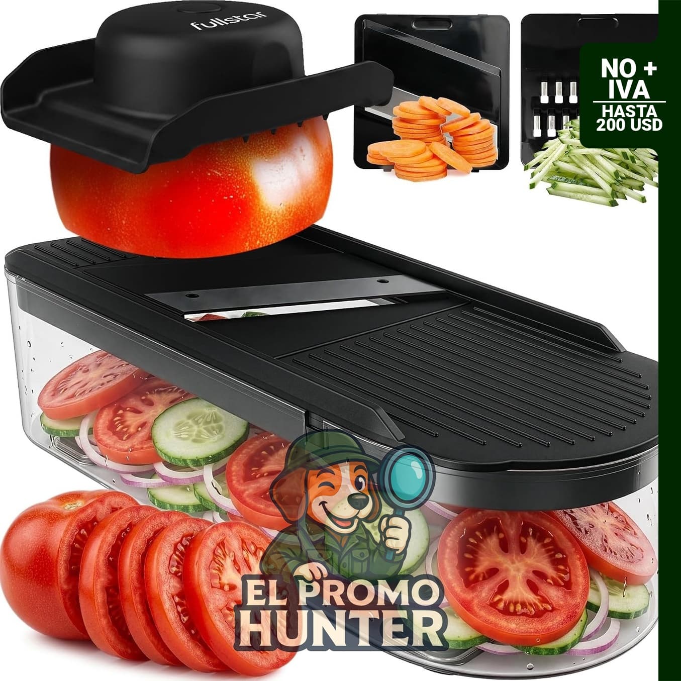 Cortador de mandolina 2 en 1 para frutas y verduras, incluye cuchillas de acero inoxidable y contenedor de 3 tazas.