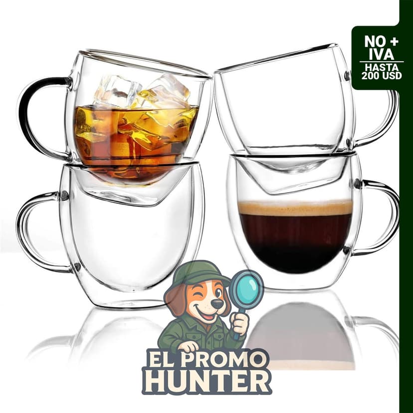 Juego de 4 tazas de café de vidrio de doble pared, 2.5 oz (74 ml) cada una, con asa.
