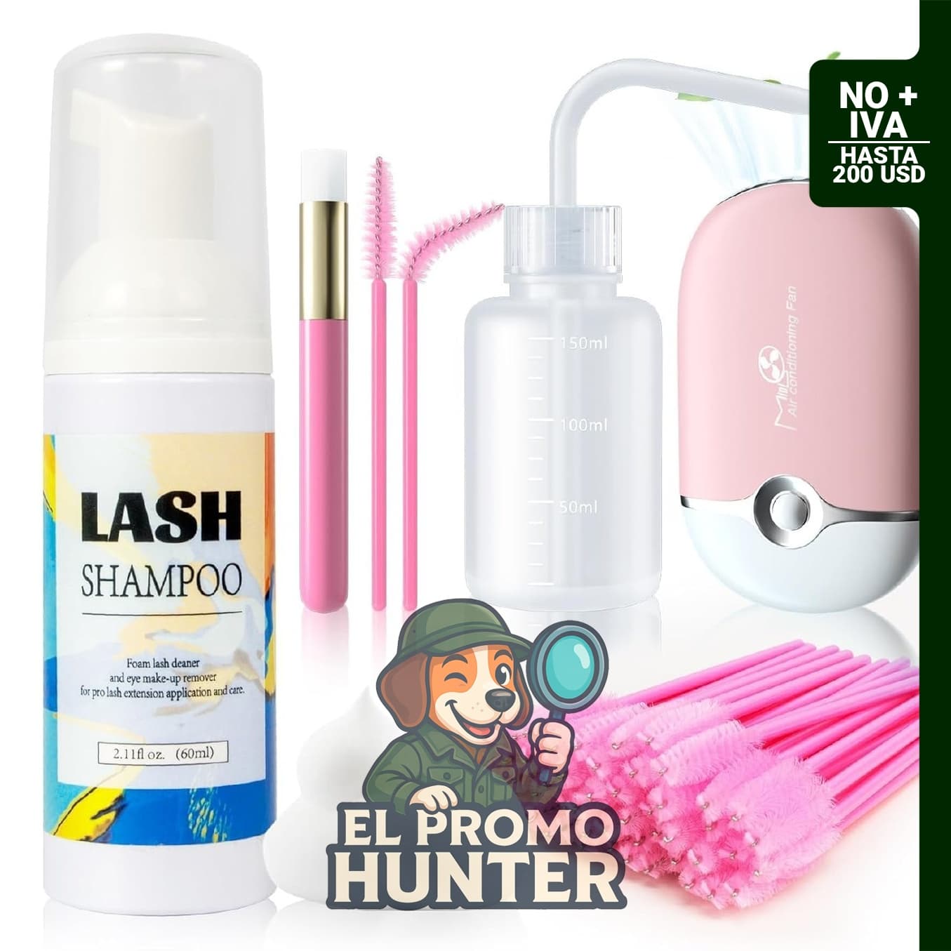 Kit de champú para pestañas, incluye ventilador recargable por USB, cepillo de limpieza, botella de enjuague y 50 varitas de rímel.
