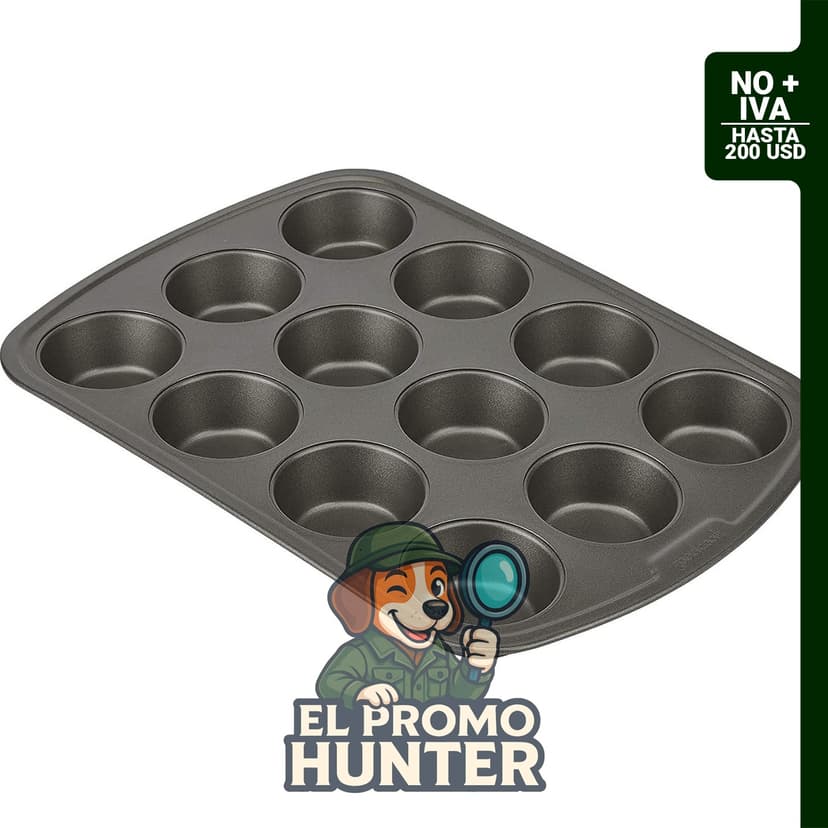 Molde para muffins de acero antiadherente de 12 tazas, color gris.