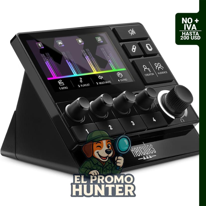 Mezclador de audio Hercules Stream 200 XLR con pantalla LCD de 4.3", preamplificador XLR y 4 botones de acción.