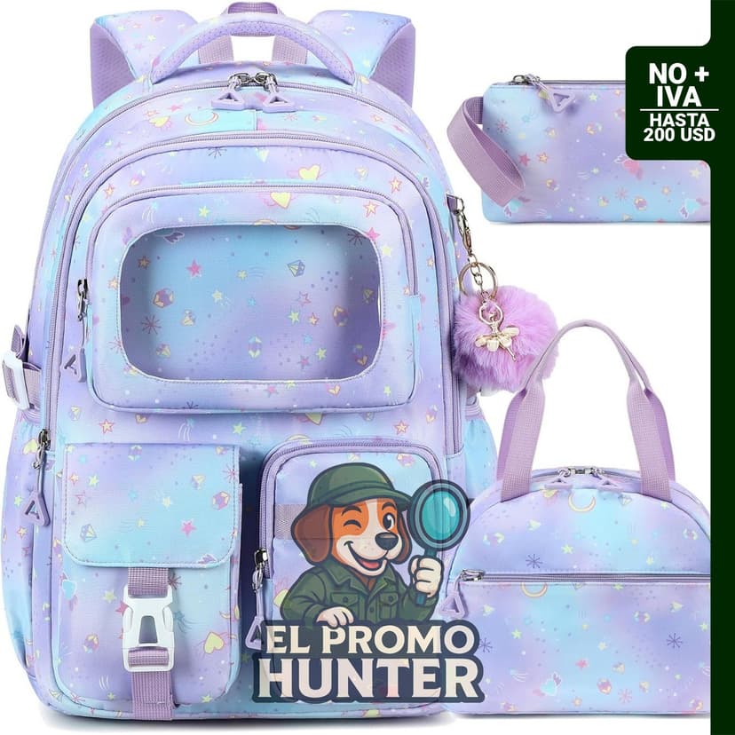 Mochila mediana para niñas con lonchera, incluye un juego de 3 piezas en color púrpura, compatible con laptops de 16" (40,6 cm).