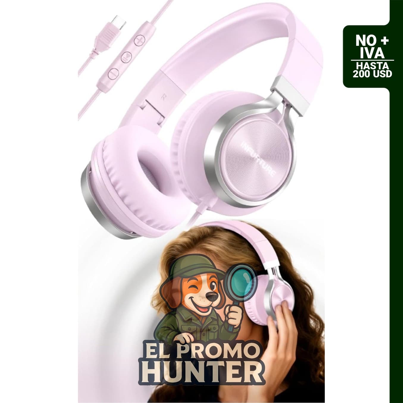 Auriculares USB C con micrófono HD, ajustables, color rosa, para dispositivos como iPhone, iPad y laptops.