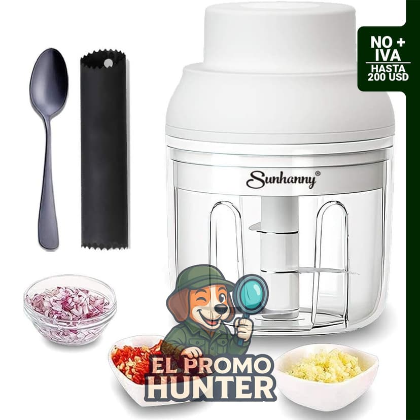 Picadora eléctrica de ajos de 250 ml, incluye pelador de ajo y cuchara, color blanco.