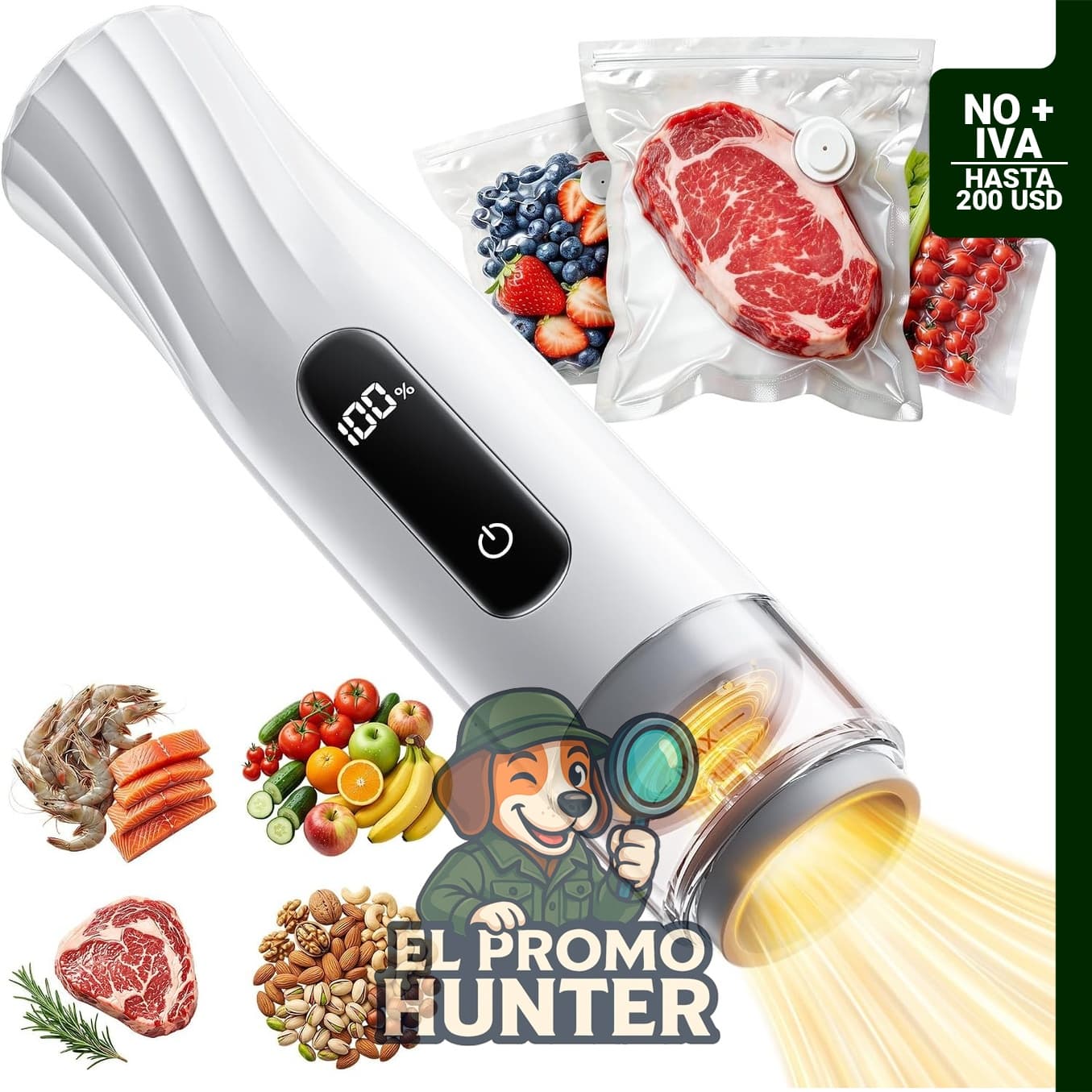Sellador al vacío compacto para alimentos, incluye 30 bolsas reutilizables y pantalla de batería.