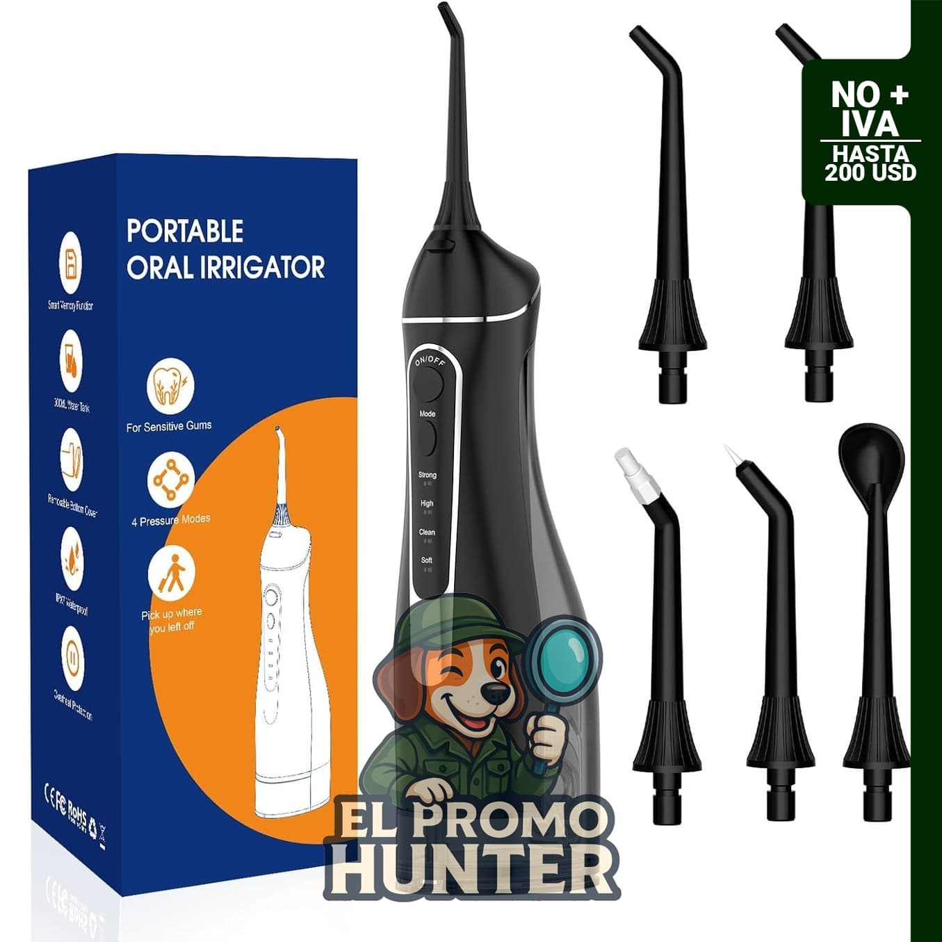 Irrigador dental portátil con 4 modos y 5 puntas de chorro, IPX7, tanque de 300 ml para uso en casa y viajes.