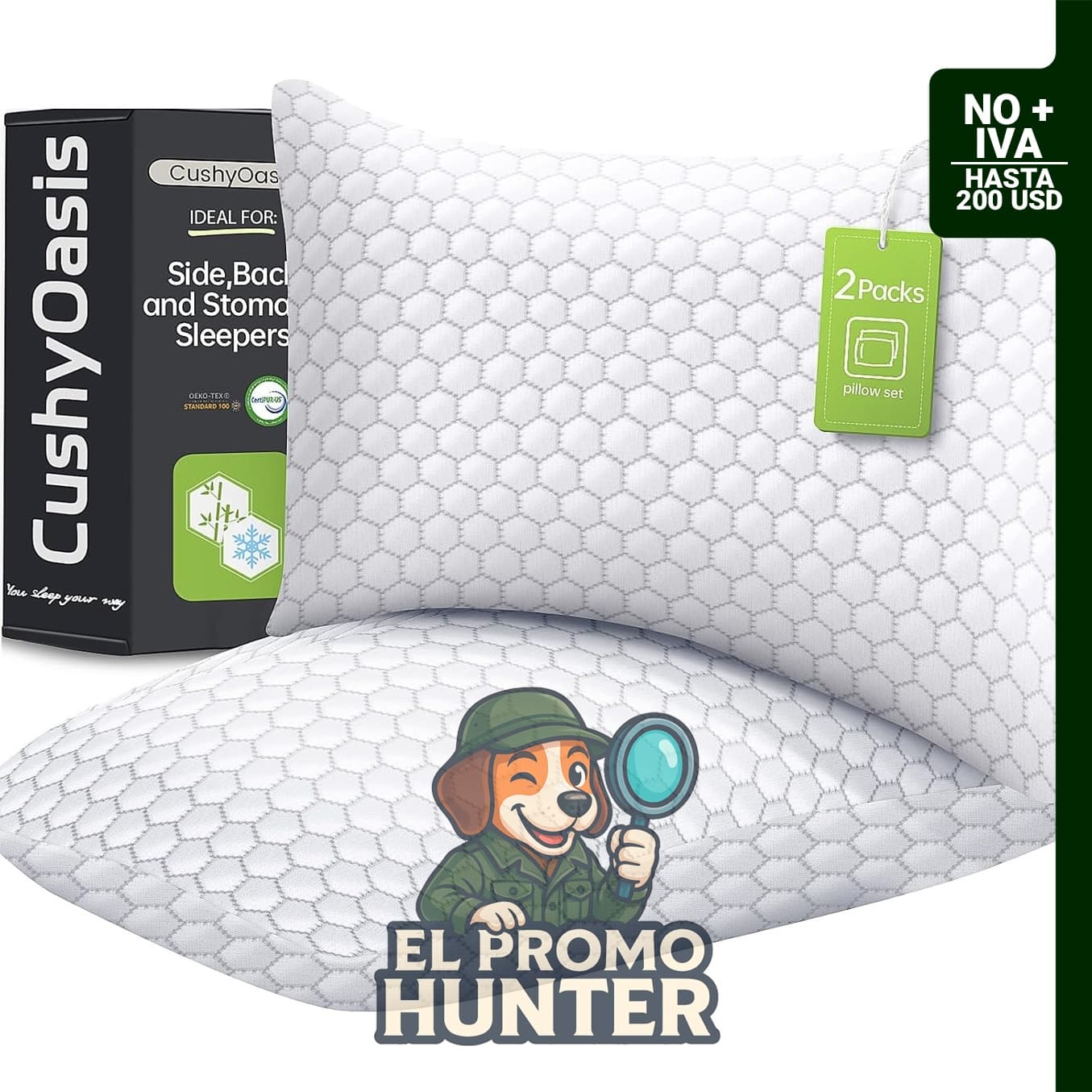 Juego de 2 almohadas de espuma viscoelástica triturada con sistema de enfriamiento y funda.