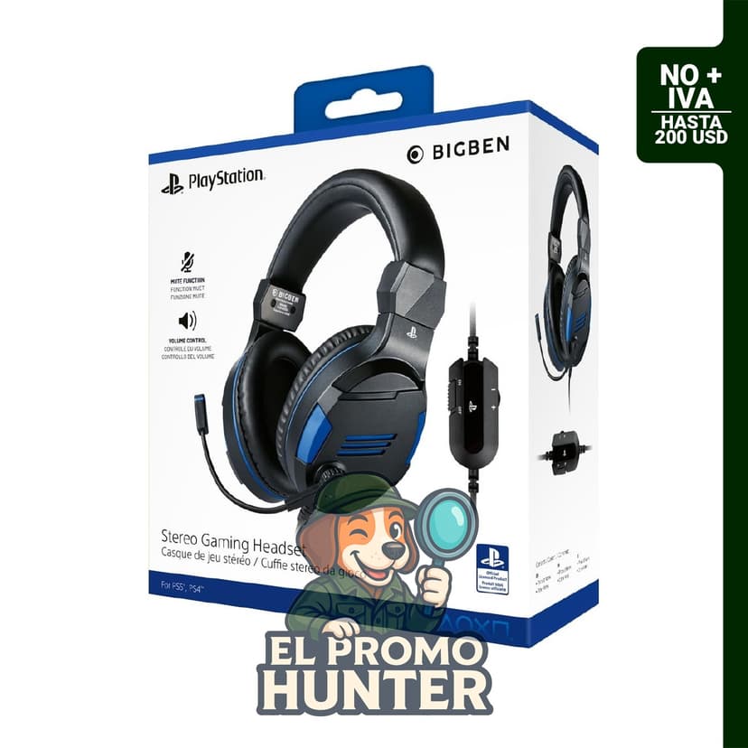 Auriculares Bigben Stereo Gaming para PlayStation 4, conexión USB y 3.5mm, con control de volumen y micrófono.