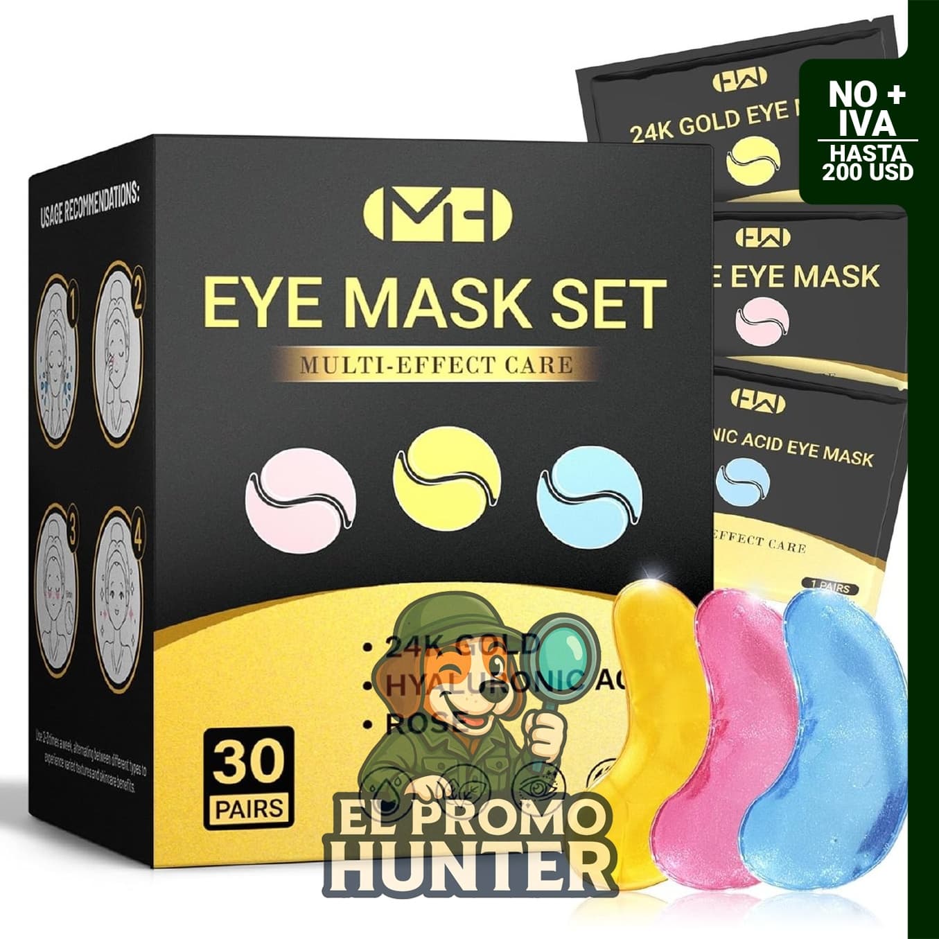 Parches para ojos de oro de 24 quilates, 30 pares, con ácido hialurónico y rosa, para ojeras y arrugas.