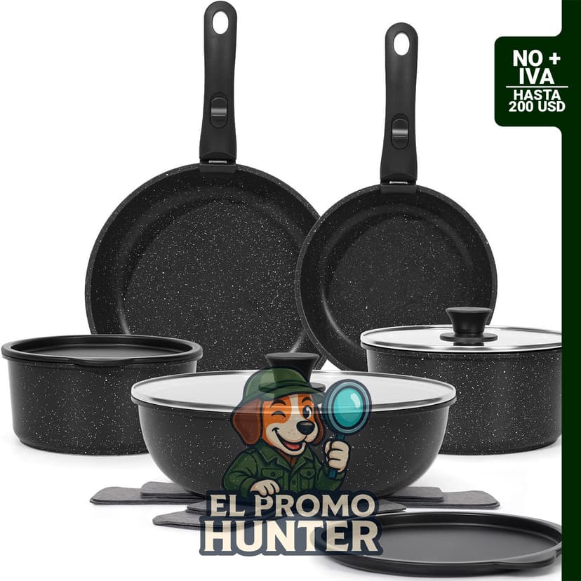 Juego de 15 piezas de ollas y sartenes antiadherentes, apto para horno y con mango desmontable.