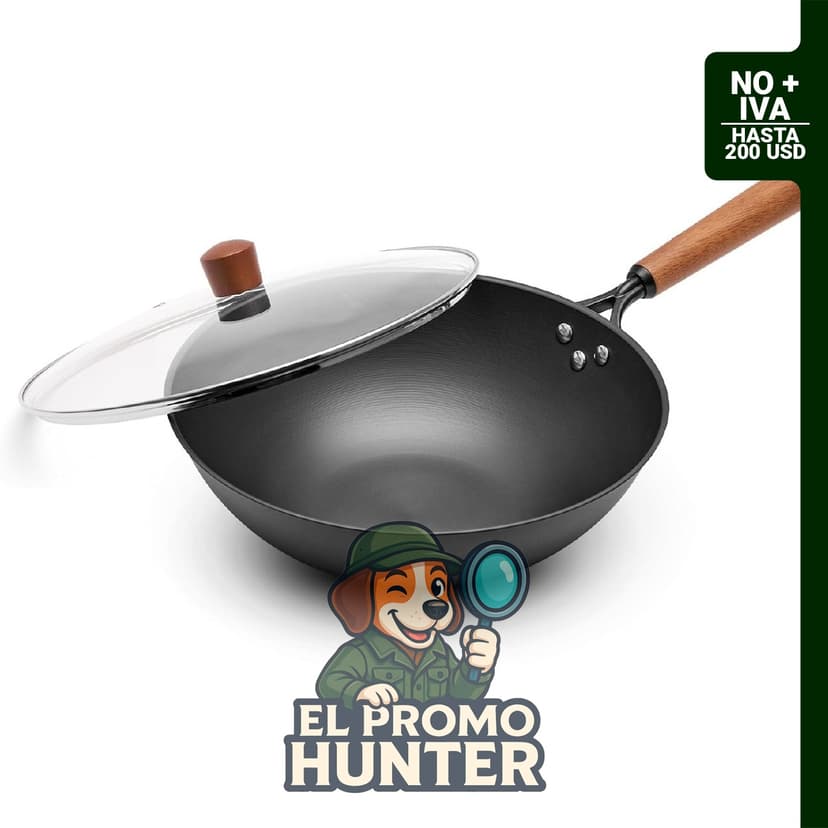 Wok de hierro de 12.6" VIVIDCOOKWARE, sartén de fondo plano con borde reforzado y asa de madera.