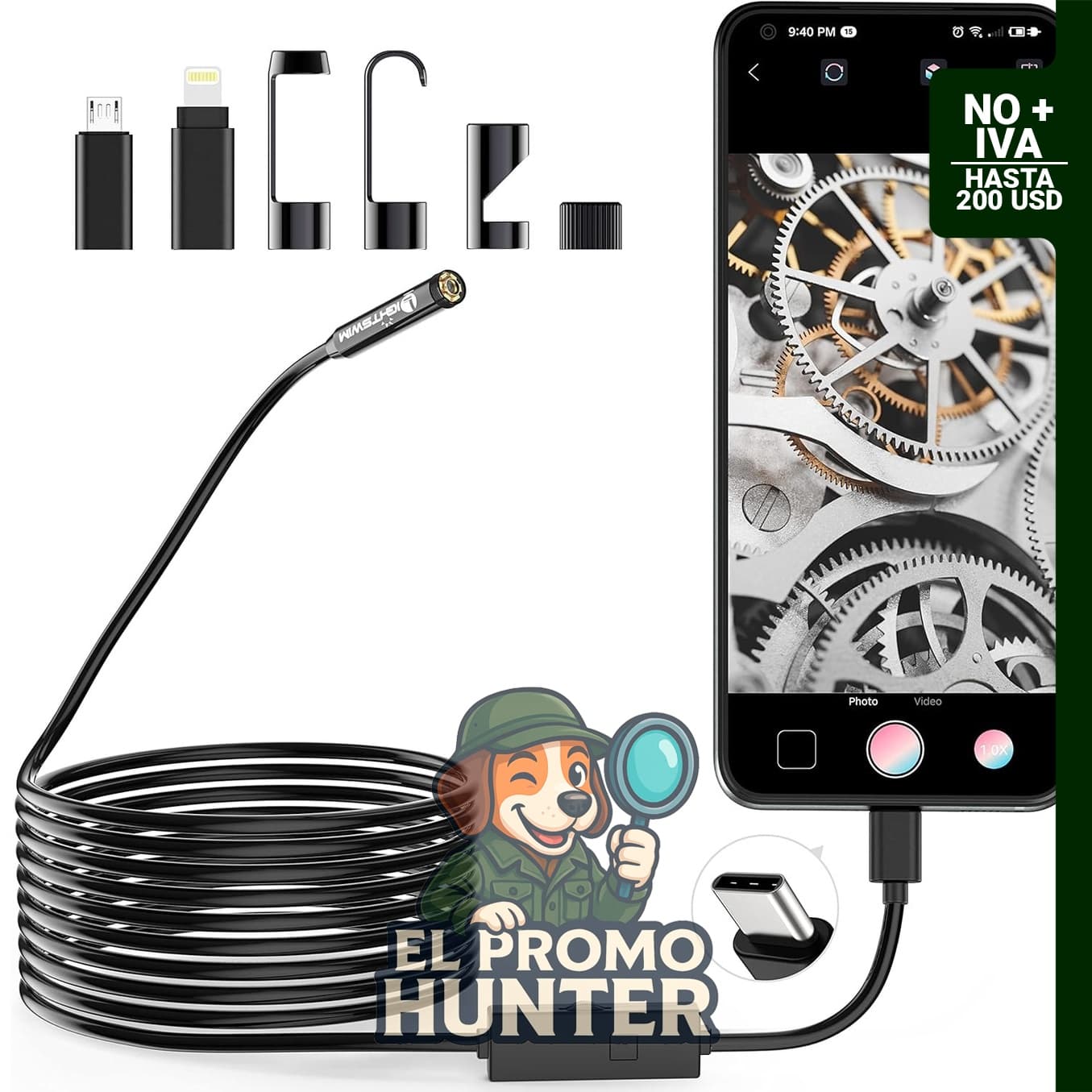 Cámara de inspección endoscópica Lightswim 1920P con 8 luces LED, compatible con Android e iOS, longitud de 5 m.