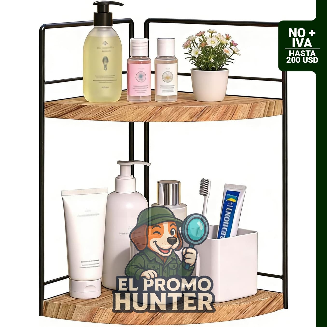Organizador de baño de madera de 2 niveles para esquina, ideal para perfumes y cuidado de la piel.
