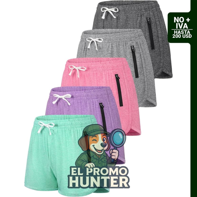 Paquete de 5 pantalones cortos deportivos para niñas con bolsillos con cierre de cremallera.