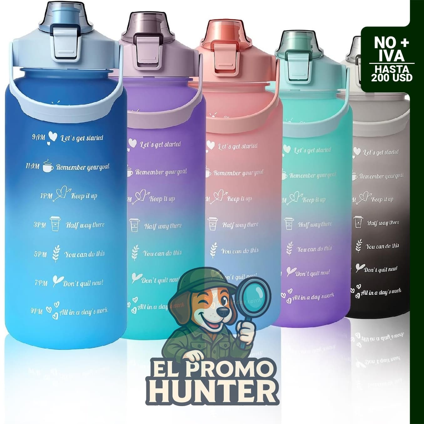 Botella de Agua Binudum de 1,89 L con pajilla y marcador de tiempo.
