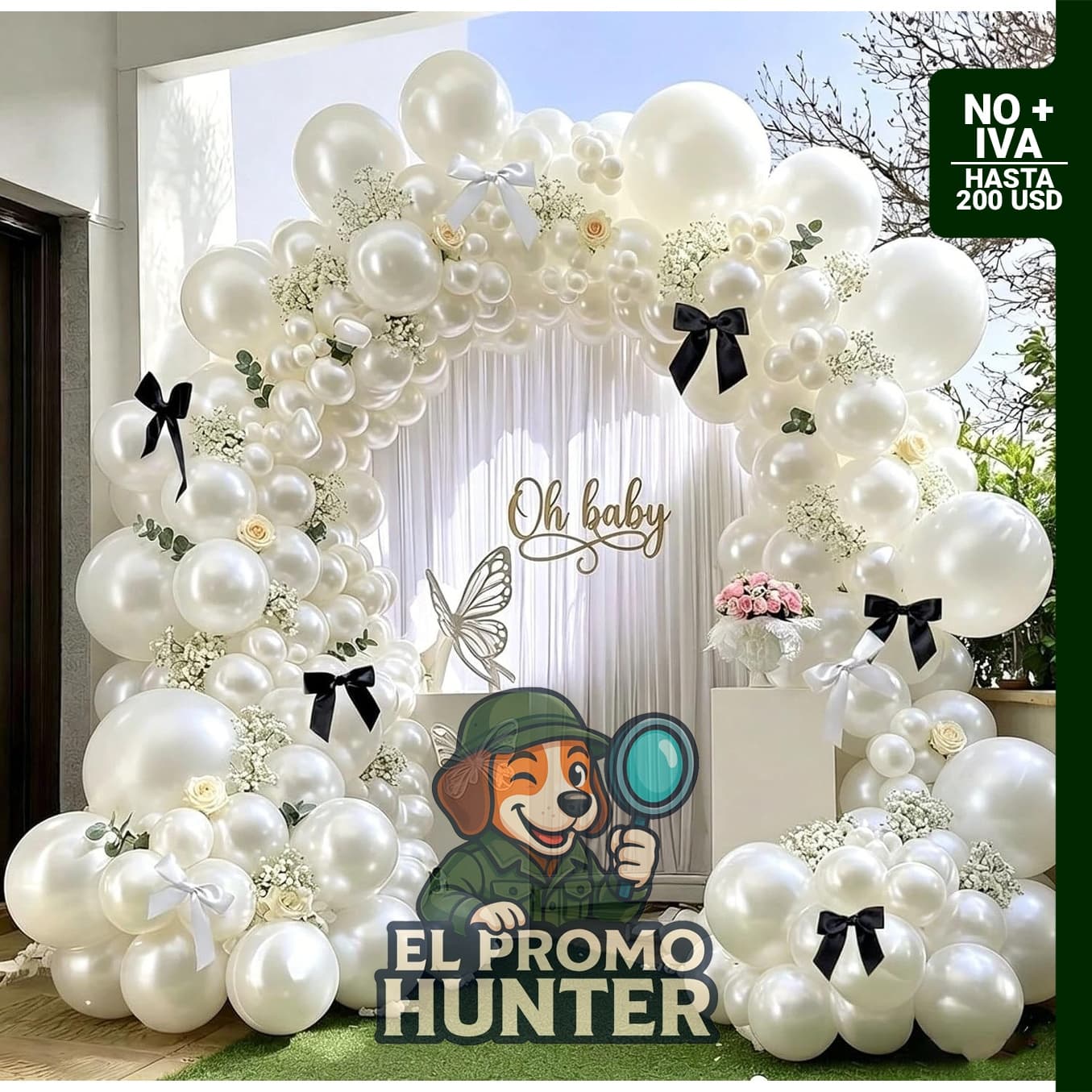 Guirnalda de globos blanco perla, 55 piezas con lazos.