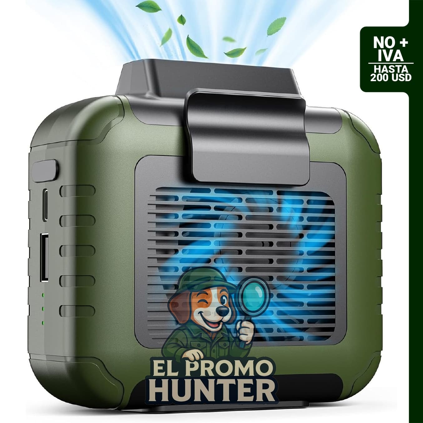 Ventilador de cintura portátil recargable con flujo de aire de 6200 RPM y 3 niveles de velocidad.
