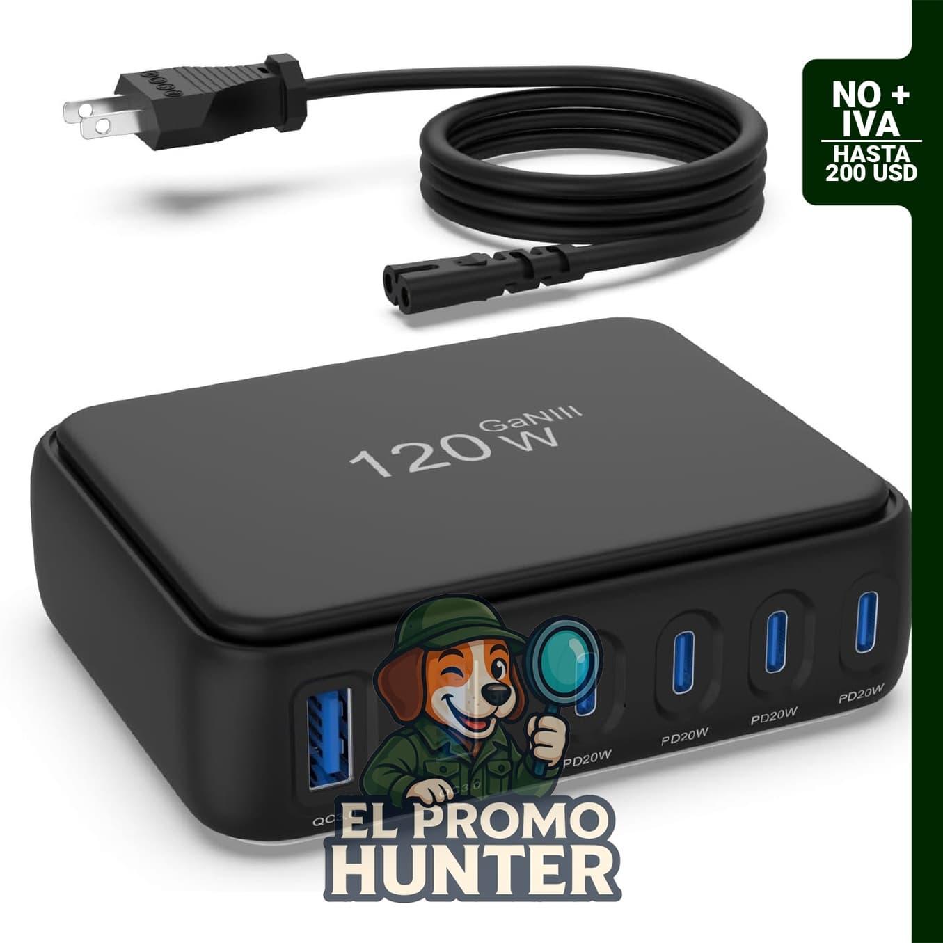 Estación de carga rápida de escritorio 120W GaN con 6 puertos y entrega de energía independiente, compatible con USB C.
