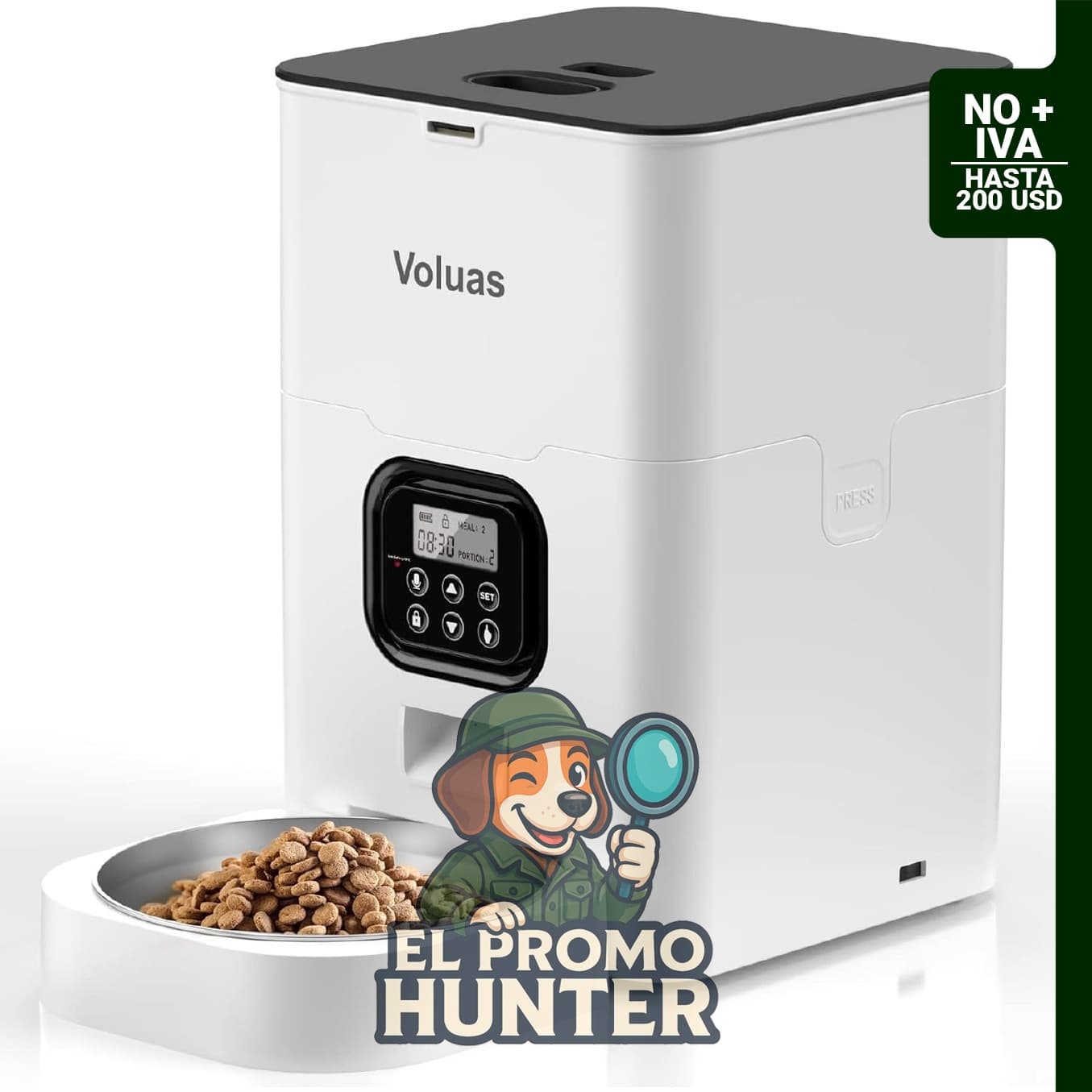 VOLUAS Comedero automático para gatos y perros, dispensador de alimentos secos de 4L, control de porciones programable.