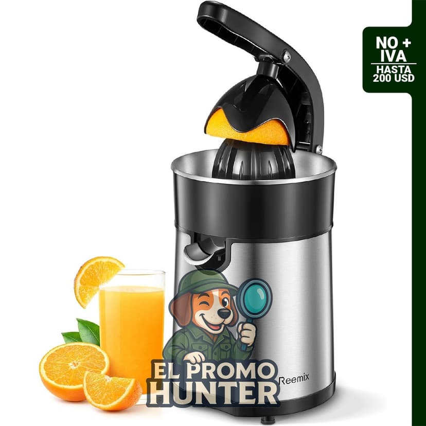 Exprimidor Eléctrico de Cítricos Reemix, adecuado para naranja, limón y toronja, con dos conos intercambiables y acero inoxidable cepillado.