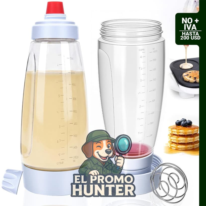 Cham-X Dispensador de masa para panqueques, 1000 ml, sin BPA, incluye batidor de alambre de acero inoxidable.