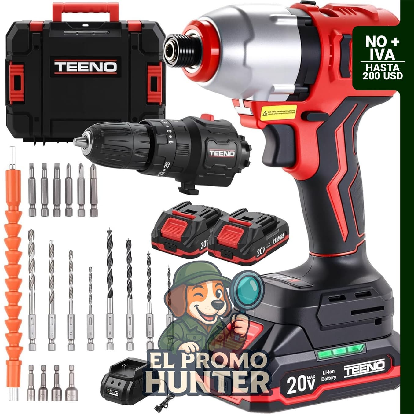 TEENO Kit combinado de taladro inalámbrico sin escobillas de 20 V y destornillador de impacto 2 en 1 con 2 baterías de 1.5 Ah.