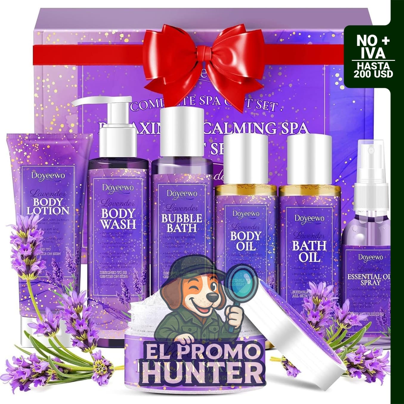 Kit de ducha relajante de lavanda para cuidado personal en casa.