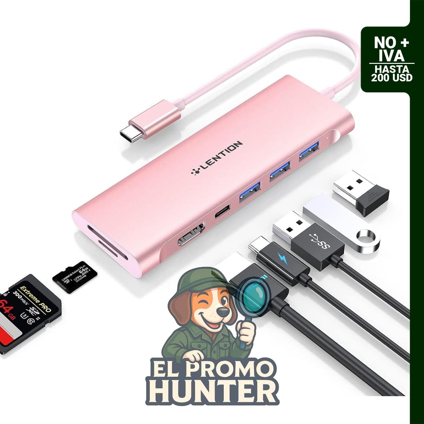 LENTION Hub multipuerto USB C 7 en 1 con HDMI 4K, 100 W PD, 3 puertos USB 3.0 y lector de tarjetas SD/MicroSD.