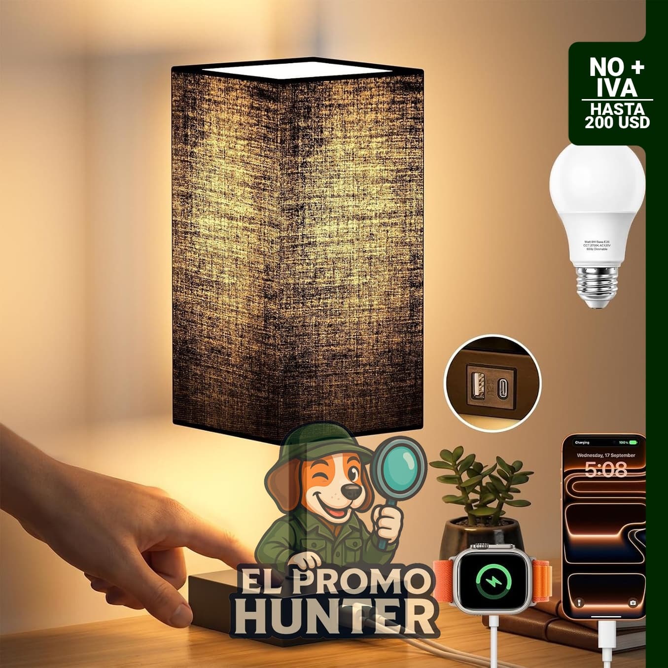 Lámpara de mesita de noche con pantalla de tela de tetragón de lino, incluye dos puertos USB para carga.