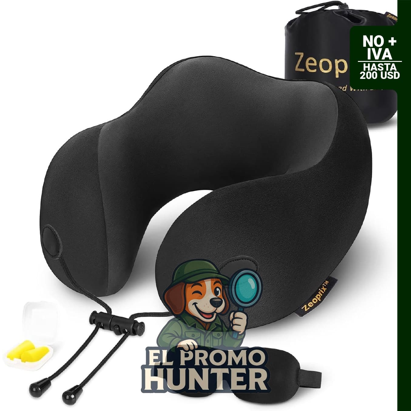 Almohada de viaje ZEOPRIX de espuma viscoelástica, incluye funda lavable, máscara para ojos y tapones para oídos.
